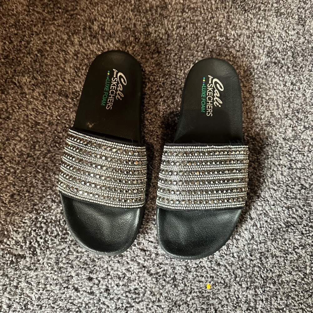 Skechers Women's Black and Silver Embellished Sandals